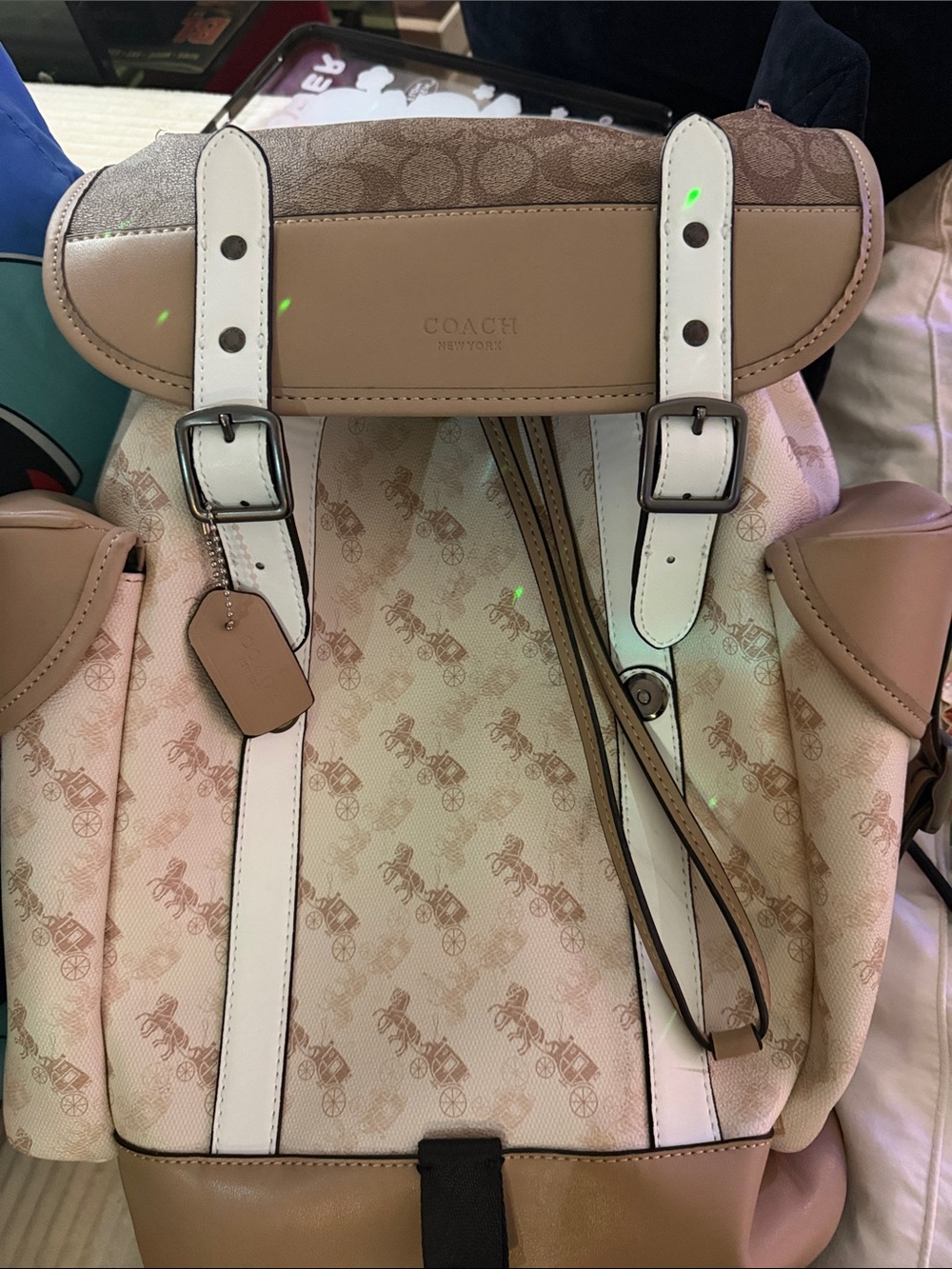 Coach Beige & White Signature Horse-and-Carriage Canvas Backpack